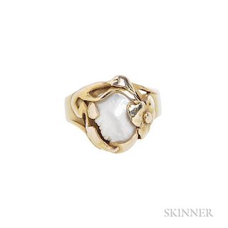 Arts and Crafts 14kt Gold and Freshwater Pearl Ring, Kalo, centering a pearl set in a flowering gold vine, signed, size 5 1/2