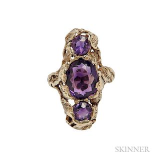 Arts and Crafts 14kt Gold and Amethyst Ring, George Walton, three amethysts set within a foliate mount, signed, size 4.
