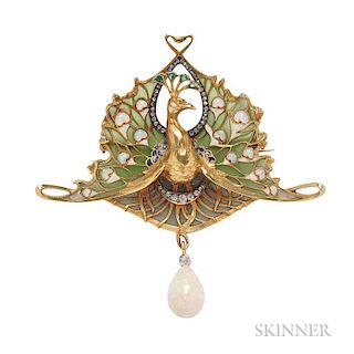 Art Nouveau 18kt Gold, Opal, Diamond, and Enamel Pendant/Brooch, Lucien Gautrait, c. 1900, designed as a peacock with opal ca