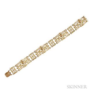 Antique 18kt Gold and Enamel Bracelet, Lucien Gautrait, composed of floral and foliate links with enamel accents, French guar