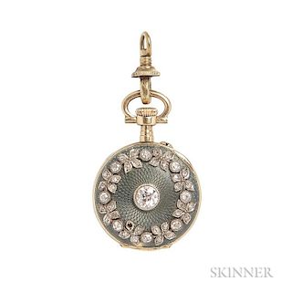 Edwardian 18kt Gold, Enamel, and Diamond Open-face Pendant Watch, the white enamel dial with roman numeral indicators, the be