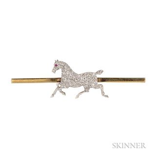 Antique Diamond Horse Brooch, pave-set with old European-cut diamonds, ruby-eye, platinum-topped gold mount, on a gold bar pi