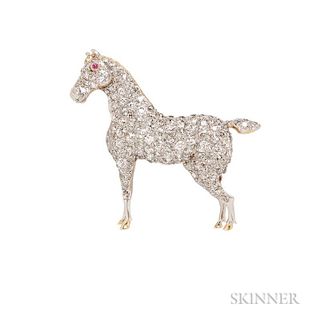 Diamond Horse Brooch, set with old European-cut diamonds, approx. total wt. 2.10 cts., ruby eye, platinum and 18kt gold mount