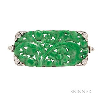 Art Deco Jade and Diamond Brooch, the jade plaque depicting flowers and foliage, single-cut diamond accents, platinum on whit