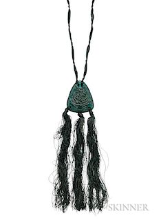 Molded Green Glass Pendant, Lalique, depicting branches and berries, 1 7/8 x 1 1/2 in., with tassels and silk cord.