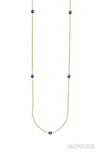 Art Deco Gold, Lapis, and Rock Crystal Long Chain, the faceted rock crystal and lapis beads joined by delicate trace links, 1