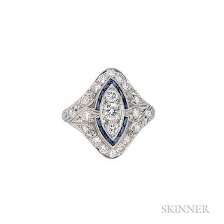 Art Deco Platinum and Diamond Ring, set with full-cut diamonds and French-cut blue stones, millegrain accents, and engraved s