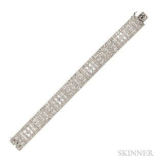 Art Deco Platinum and Diamond Bracelet, France, the geometric design bezel- and bead-set with old European- and single-cut di