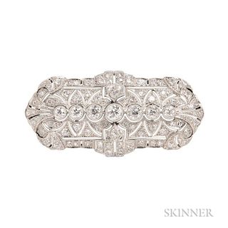 Art Deco Platinum and Diamond Brooch, bezel- and bead-set with old European- and single-cut diamonds, approx. total wt. 4.50 