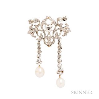 Edwardian Pearl and Diamond Pendant/Brooch, set with an old European-cut diamond weighing approx. 0.40 cts., further set with