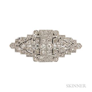 Art Deco Platinum and Diamond Dress Clips, each bead and bezel-set with single-, baguette-, and old European-cut diamonds, ap