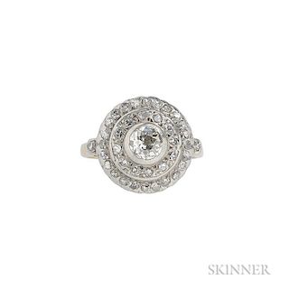 Gold and Diamond Ring, bezel-set with a circular-cut diamond framed by single-cut diamond melee, size 6.