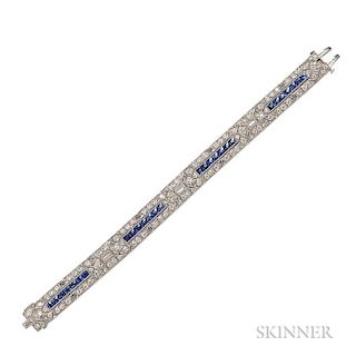 Art Deco Platinum, Sapphire, and Diamond Bracelet, set with old European-, single-, and baguette-cut diamonds, approx. total 