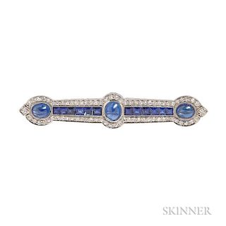 Art Deco Platinum, Sapphire, and Diamond Bar Pin, set with three oval cabochon and calibre-cut sapphires, framed by old singl