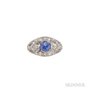 Art Deco Platinum, Sapphire, and Diamond Three-stone Ring, set with a circular-cut sapphire measuring 6.30 x 5.80 x 4.90 mm, 