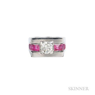 Platinum and Diamond Ring, c.1950s, set with a full-cut diamond weighing approx. 1.05 cts., flanked by synthetic rubies, size
