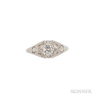 Art Deco Platinum and Diamond Ring, dated 1923, set with an old European-cut diamond weighing approx. 0.35 cts., palmette sho