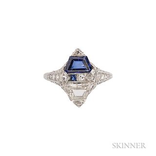 Art Deco Platinum, Diamond, and Synthetic Sapphire Ring, set with an old trapezoid-cut diamond weighing approx. 1.00 cts., an