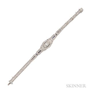 Art Deco Platinum and Synthetic Sapphire Bracelet, the tapered bracelet bead-set with single- and old European-cut diamonds, 