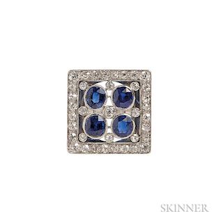 Platinum, Sapphire, and Diamond Plaque Ring, set with four cushion-cut sapphires and old single- and old mine-cut diamonds, s