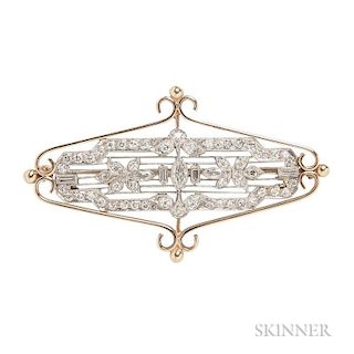 Art Deco Platinum and Diamond Brooch, set with marquise-, full-, and baguette-cut diamonds, millegrain accents, in a gold fra