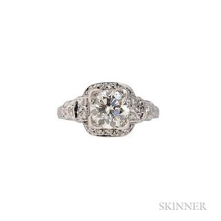 Platinum and Diamond Ring, the transitional-cut diamond weighing approx. 1.50 cts., and single-cut diamond melee, size 7 1/2.