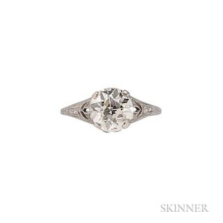 Art Deco Platinum and Diamond Ring, centering an old European-cut diamond weighing approx. 2.60 cts., single-cut diamond mele