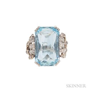 Platinum, Aquamarine, and Diamond Ring, prong-set with a fancy-cut aquamarine measuring approx. 18.30 x 11.50 x 7.00 mm, the 