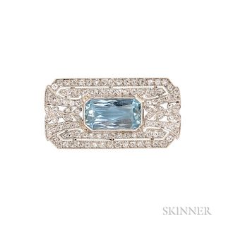 Art Deco Platinum, Aquamarine, and Diamond Brooch, centering a mixed-cut aquamarine measuring approx. 15.25 x 8.30 x 5.65 mm,