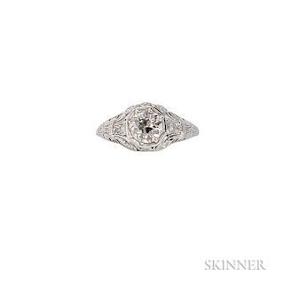Art Deco Platinum and Diamond Ring, centering an old European-cut diamond weighing 1.07 cts., single-cut diamond melee accent