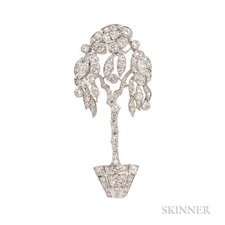 Art Deco Platinum and Diamond Flowerpot Brooch, designed as a potted flowering tree with marquise-, full-, single-, and squar