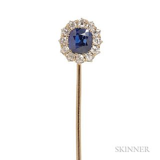 Antique Sapphire and Diamond Stickpin, the cushion-cut sapphire measuring approx. 6.50 x 5.70 x 3.50 mm, framed by old Europe