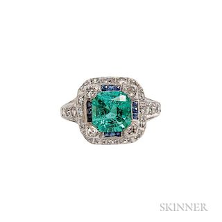 Platinum, Emerald, and Diamond Ring, centering a step-cut 7.70 x 7.45 x 5.20 mm, sapphire and diamond melee accents, size 6 1
