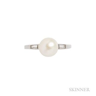 Platinum, Pearl, and Diamond Ring, the pearl measuring approx. 7.30 mm, flanked by diamond baguettes, size 6 1/2.