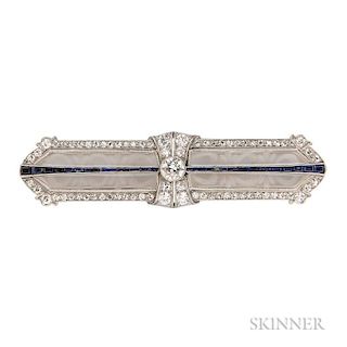 Art Deco Platinum, Rock Crystal, and Diamond Bar Brooch, with carved rock crystal panels, with old European- and old single-c