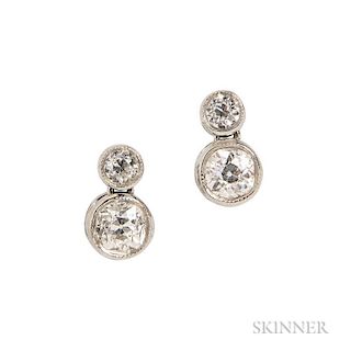 Platinum and Diamond Earrings, bezel-set with old European-cut diamonds, approx. total wt. 2.00 cts., lg. 1/2 in.