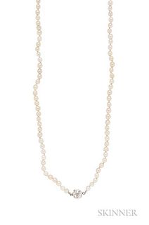 Art Deco Natural Pearl and Diamond Necklace, composed of 164 pearls ranging in size from approx. 4.25 to 5.35 mm, completed b