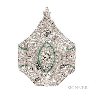 Art Deco Platinum, Diamond, and Emerald Pendant/Brooch, bezel- and bead-set with old European- and single-cut diamonds, appro