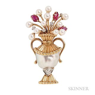 18kt Gold, Baroque Cultured Pearl, and Carved Ruby Brooch, depicting flowers in a handled vase, with carved ruby and cultured