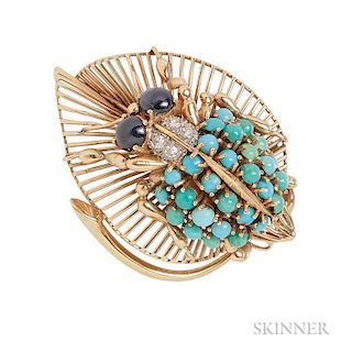 18kt Gold, Turquoise, and Sapphire, Sanz, designed as an insect on a leaf, with cabochon turquoise, cabochon sapphire eyes, a