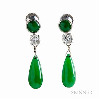 Jade and Diamond Earpendants, each with jade drop and cabochon spaced by a full-cut diamond, approx. total diamond wt. 0.60 c