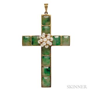 18kt Gold, Hardstone, and Cultured Pearl Cross, with faceted panels and centering a cluster of pearls, 21.8 dwt, lg. 3 1/2 in