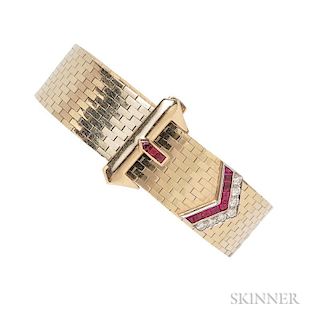 Retro 14kt Gold, Ruby, and Diamond Buckle Bracelet, with calibre-cut rubies and full-cut diamonds, 28.1 dwt, total lg. 8 in.