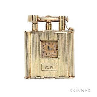 14kt Gold Swing-arm Lighter Watch, Dunhill, c. 1930s, the square dial with arabic numeral indicators, manual-wind 15-jewel Ga