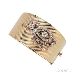 14kt Gold and Diamond Bracelet, the hinged bangle with diamond surmount centering an old European-cut diamond weighing approx