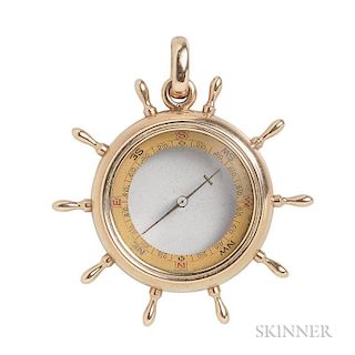 Retro 14kt Gold Compass Pendant, designed as a glass compass within a ship's wheel frame, inscribed "Presented by the members