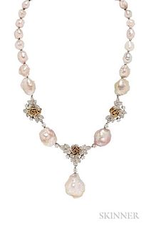 Pearl and Diamond Necklace and Bracelet, Wedderien, c. 1950s, a necklace composed of twenty-eight baroque freshwater pearls, 