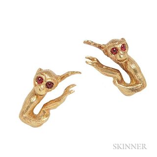 18kt Gold Cuff Links, David Webb, designed as monkeys with cabochon ruby eyes, 23.9 dwt, signed, boxed.
