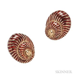 18kt Gold and Enamel Cuff Links, David Webb, each designed as a nautilus shell, 13.6 dwt, signed, boxed.