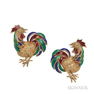 18kt Gold and Enamel Cuff Links, David Webb, each designed as a rooster, 21.5 dwt, signed, boxed, (one tail feather with enam